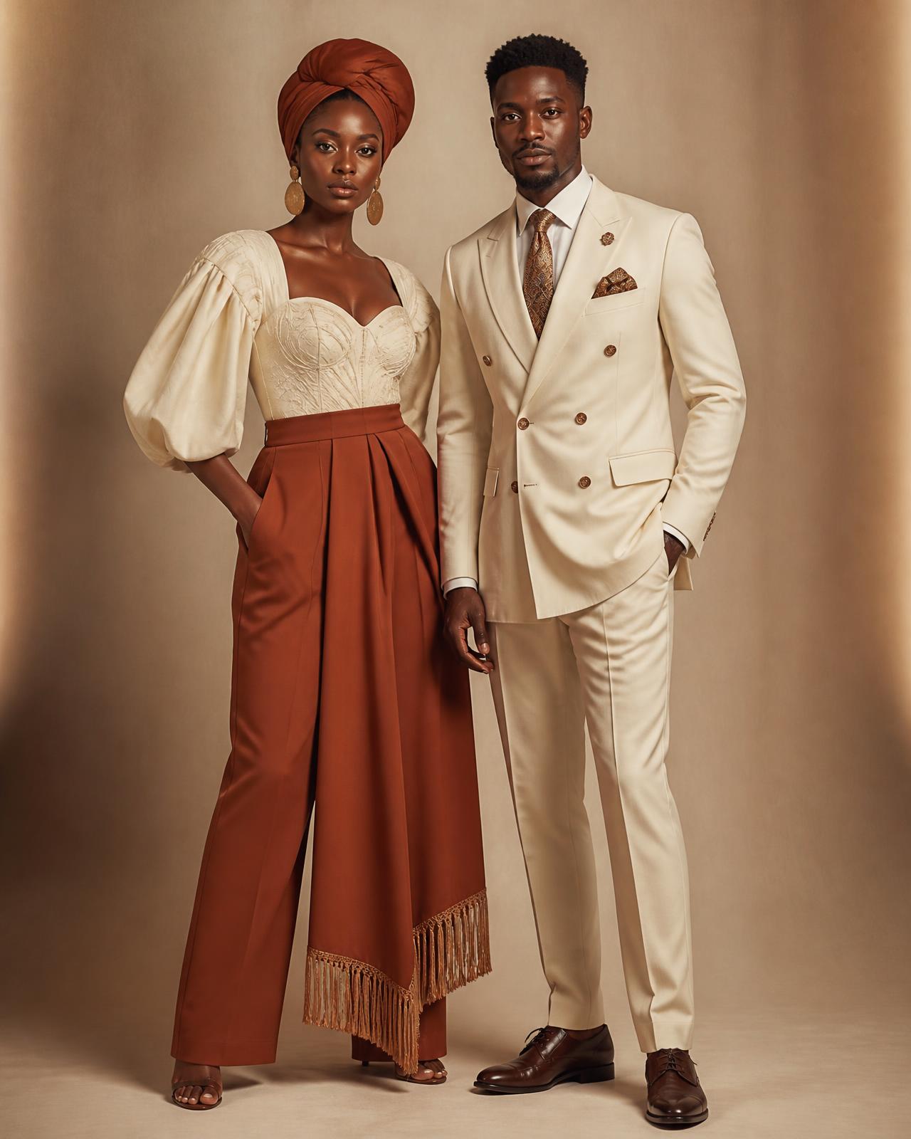 A woman in a tailored terracotta and cream outfit standing beside a man in a cream tailored suit